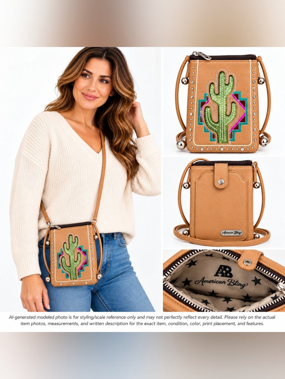 American Bling Cactus Rhinestone Mini Crossbody Western Tan B4